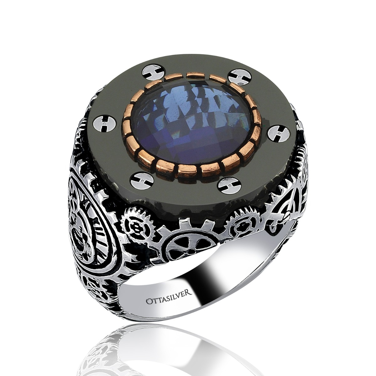 Gear Design Zircon Ring-Blue
