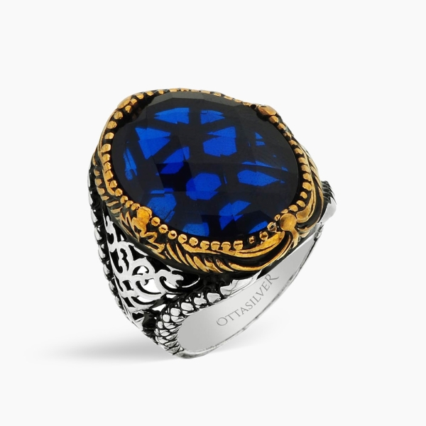 Blue Zircon Stone Silver Men's Ring