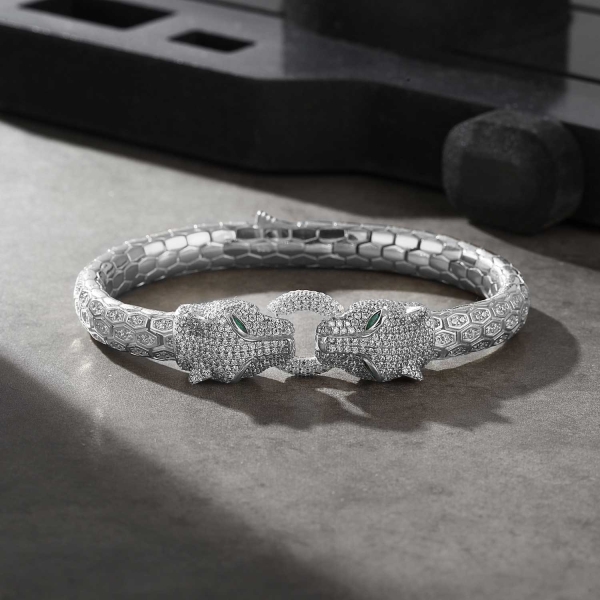 Panther Head Design in Silver Bracelet with CZ Diamonds-Large: 7,5-8.0" (19.1-20.3 cm)