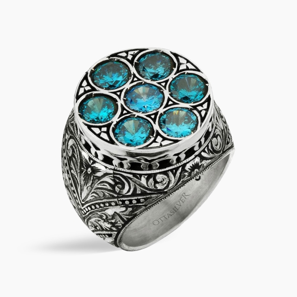 Aquamarina Stone Men's Silver Ring
