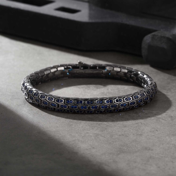 Python Design in Silver Bracelet with Double Blue CZ Diamonds-Large: 7,5-8.0" (19.1-20.3 cm)
