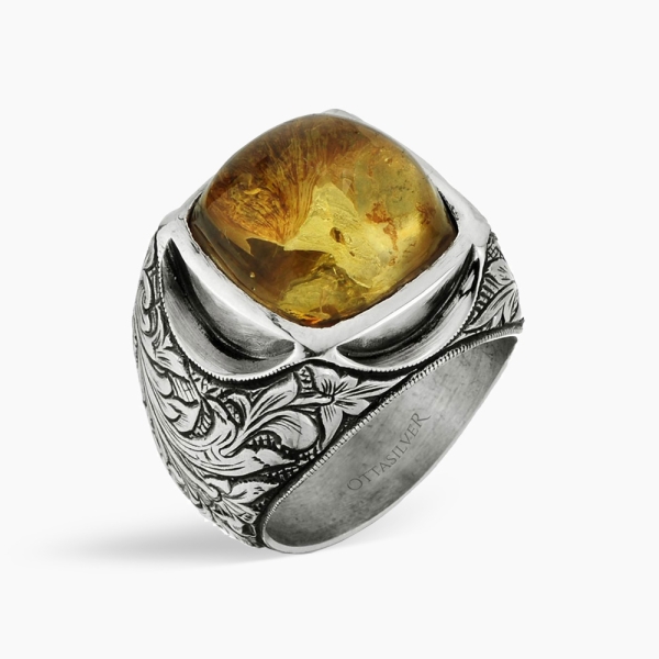Amber Stone Men's Silver Ring 