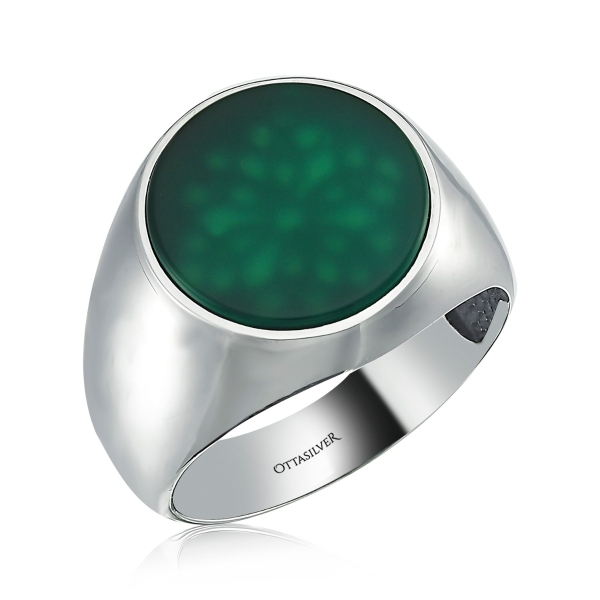 Classic Casual Silver Men's Ring-Green Agate
