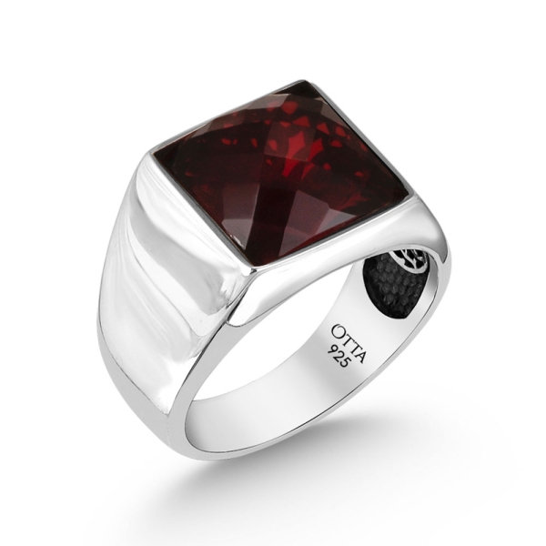 Classic Casual Square Silver Ring with Zircon - Red