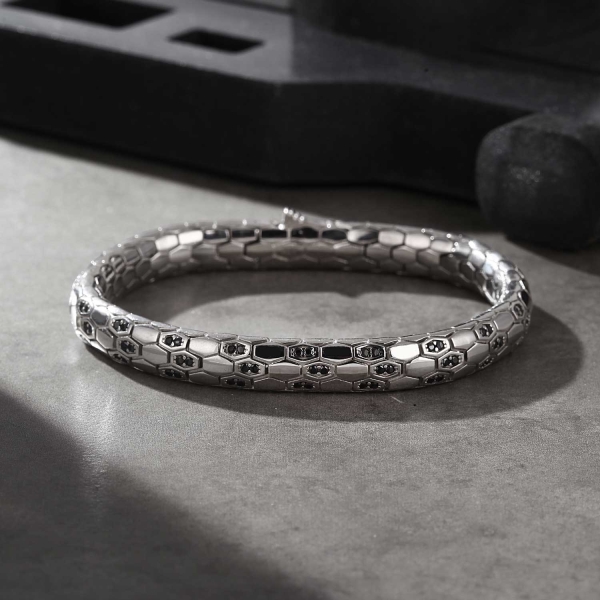 Silver Python Design in Silver Bracelet with Black CZ Diamonds-Large: 7,5-8.0" (19.1-20.3 cm)