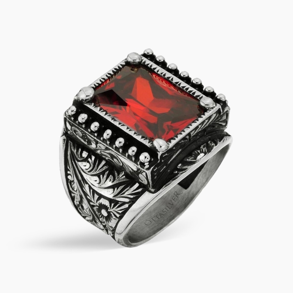 Hand-Engraved Red Zircon Silver Ring