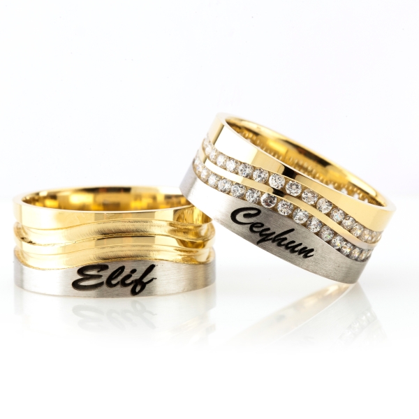 Double Line Stone Named Wedding Band Pair