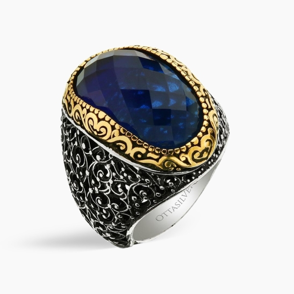 Blue Crystal Bohemian Fligree Silver Ring