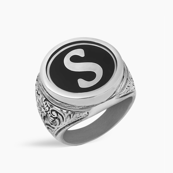 1 Letter Enamel Men's Ring in Silver Handmade