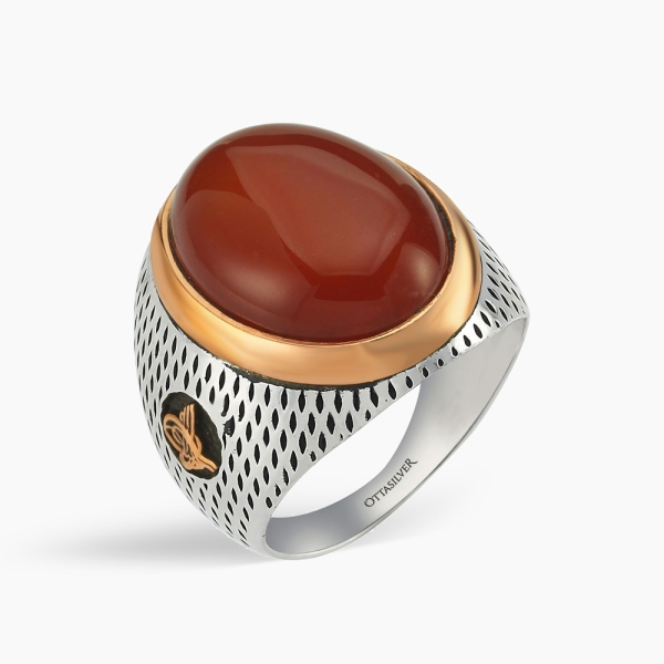 Red Aqeeq Stone Sterling Silver Men's Ring