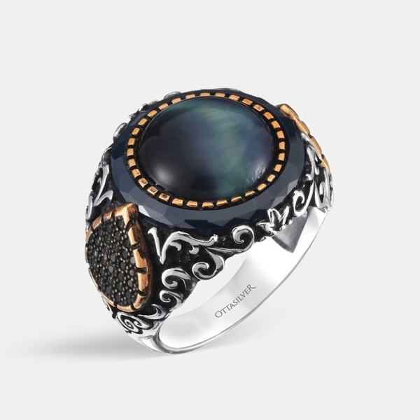 Silver Men's Ring  Drop Design -Blue Tiger Eye