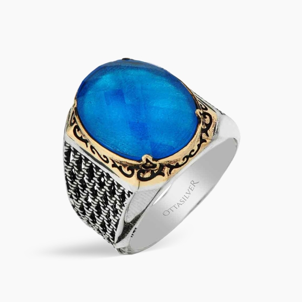 Men's Ring with Blue Stone in Silver