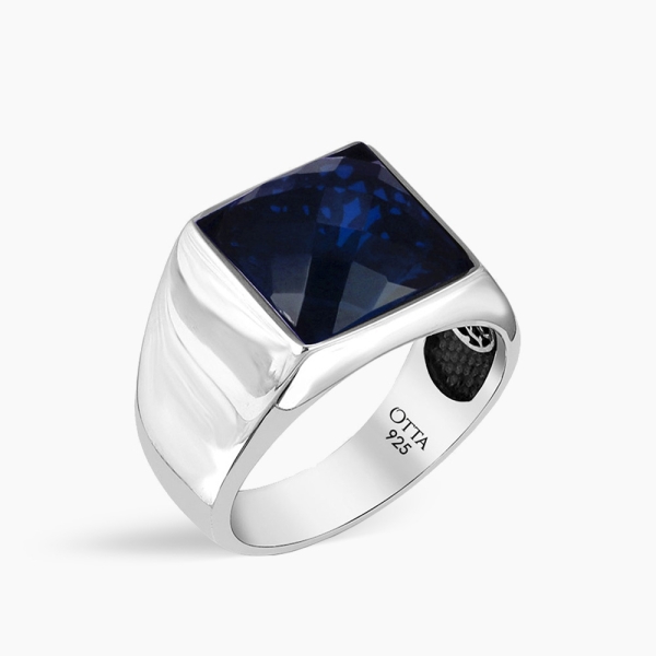 Minimal Square Silver Ring with Zircon Blue
