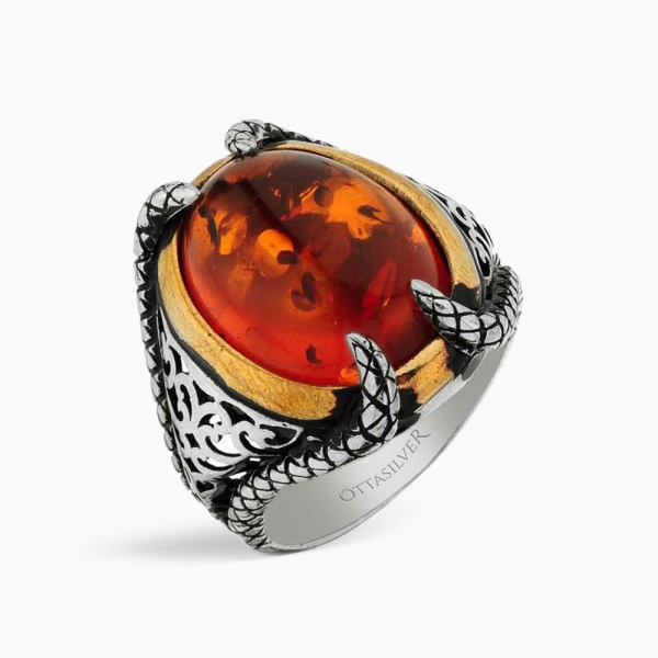 Silver Men's Ring with Amber Stone