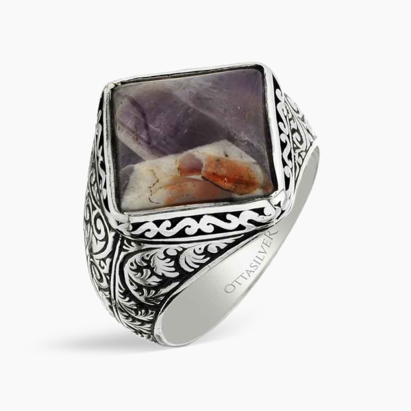 Square Men's Minimal Ring with Amethyst Stone