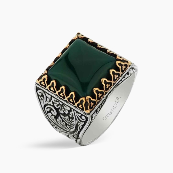  Square Men's Ring in Silver with Green Agate Stone