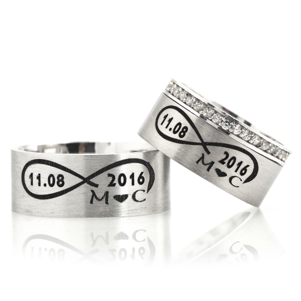 Infinity and Heart Motif Lettering Wedding Band