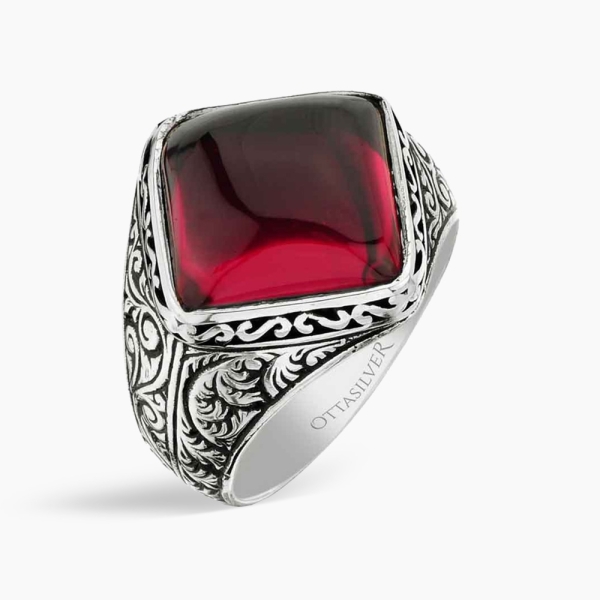 Minimalist Silver Men's Ring with Red Amber Stone