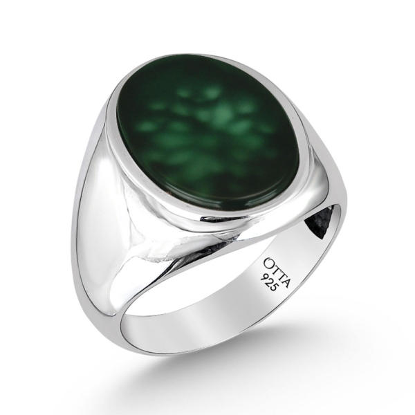 Classic Casual Oval Silver Ring-Green Agate
