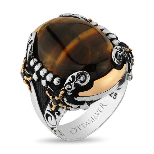 Exclusive Tiger Eye Stone Silver Ring with Sword Figures