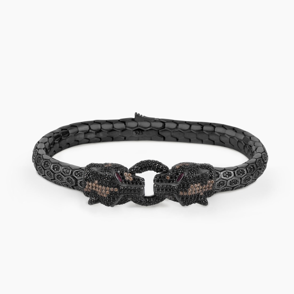 Panther Head Silver Bracelet with Black CZ Diamonds