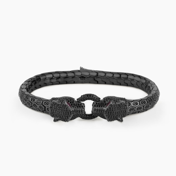 Python Head Design Silver Bracelet with Full Black CZ Diamonds