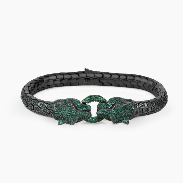 Panther Head Design Silver Bracelet with Green CZ Diamonds