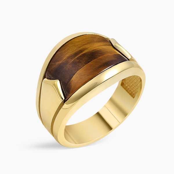 14K Solid Gold Curved Tiger Eye Ring