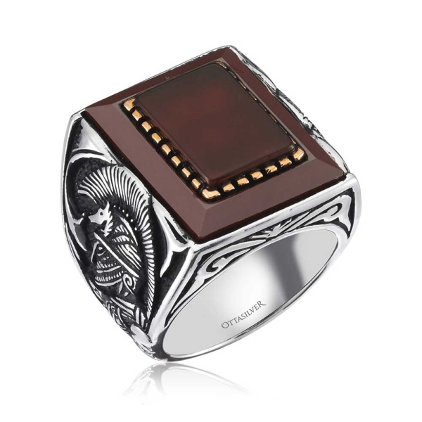 Silver Men&#039;s Ring Warrior Side - Red Agate