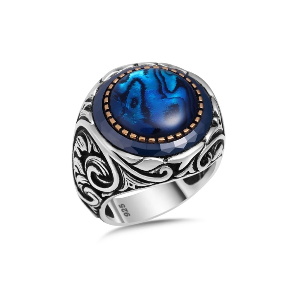 Hand Engraved Ring with Blue Mother of Pearl