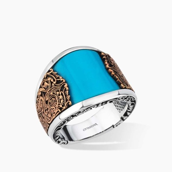 Curved Silver Men Ring with Turquoise