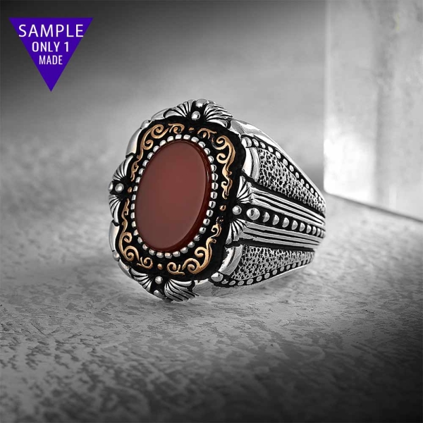 Red Agate Engraved Silver  Ring 