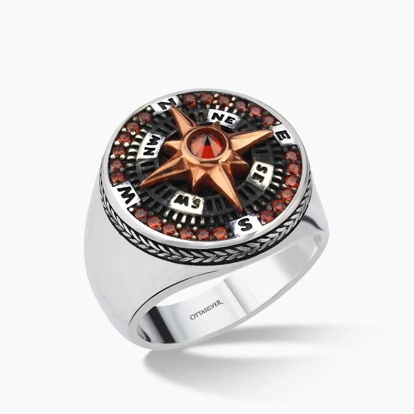 Compass Red Zircon Silver Ring