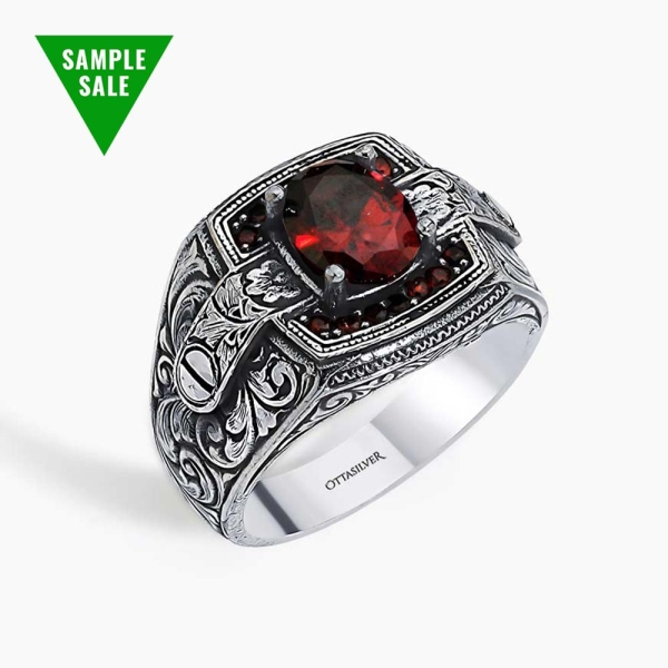 Red Zircon Stone Engraved Ring