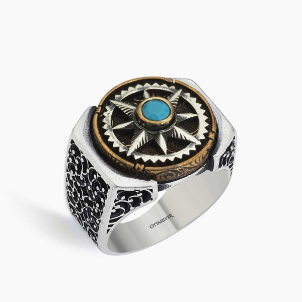 Turquoise Zircon Stone Compass Design Silver ring