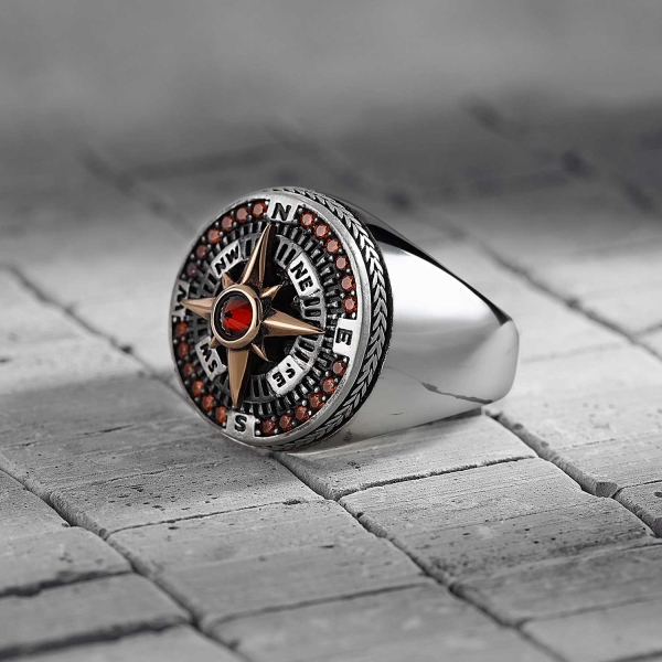 Compass Red Zircon Silver Ring