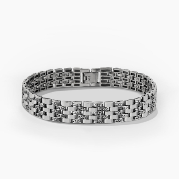 Intricately Engraved Shiny Silver Rolex Style Bracelet