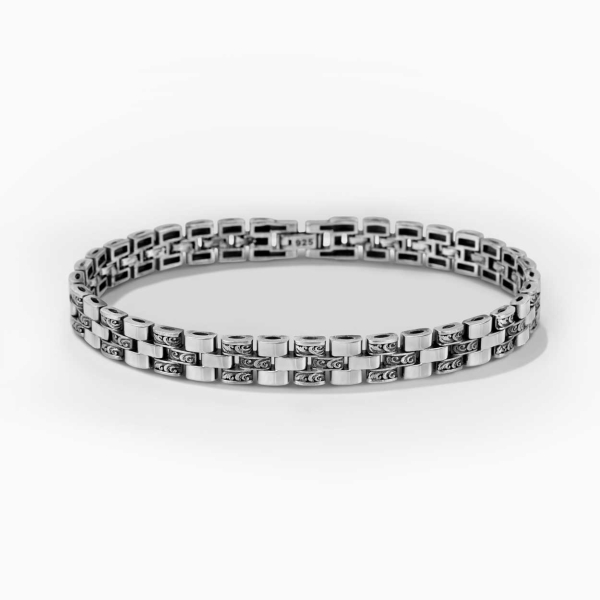 Intricately Engraved Shiny 3 Row Silver Rolex Style Bracelet
