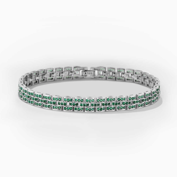 Green Embellished 3 Row Silver Rolex Style Bracelet