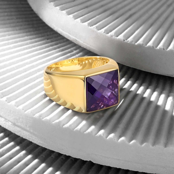 14K Solid Gold Basic Ring with Amethyst Zircon