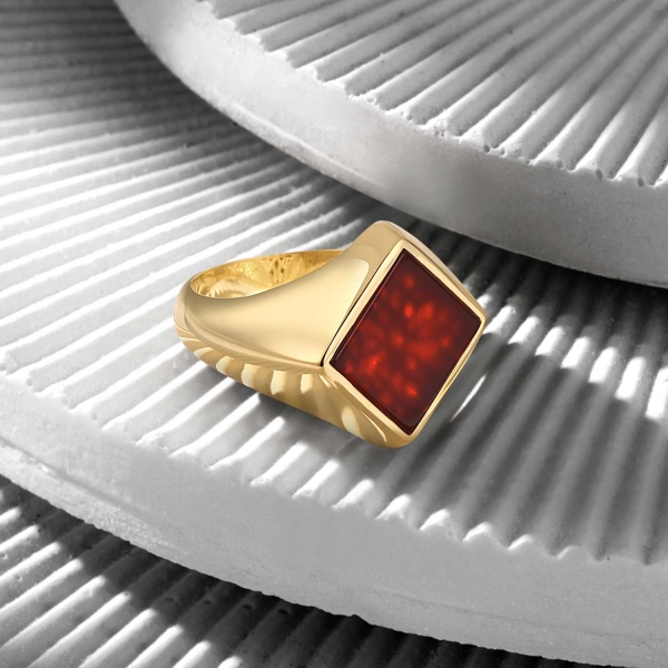 14K Solid Gold Basic Square Ring with Red Agate
