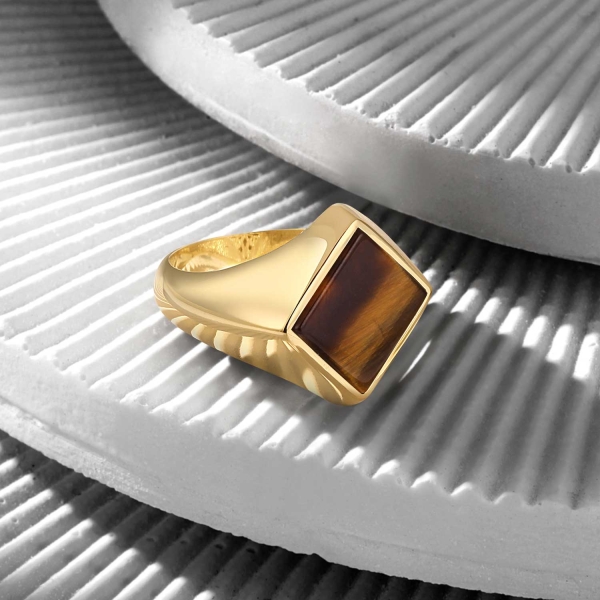 14K Solid Gold Basic Square Ring with Tiger Eye