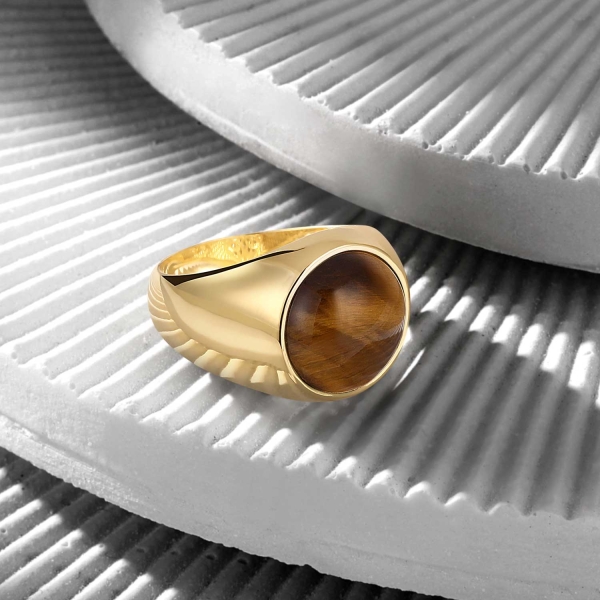 14K Solid Gold Basic Minimal Ring with Tiger Eye