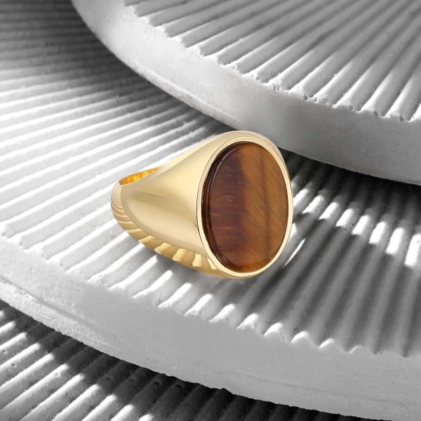 14K Solid Gold Classic Ring with Tiger Eye