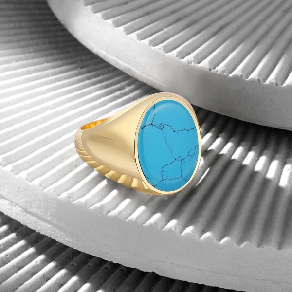 14K Solid Gold Classic Ring with Turquoise Stone