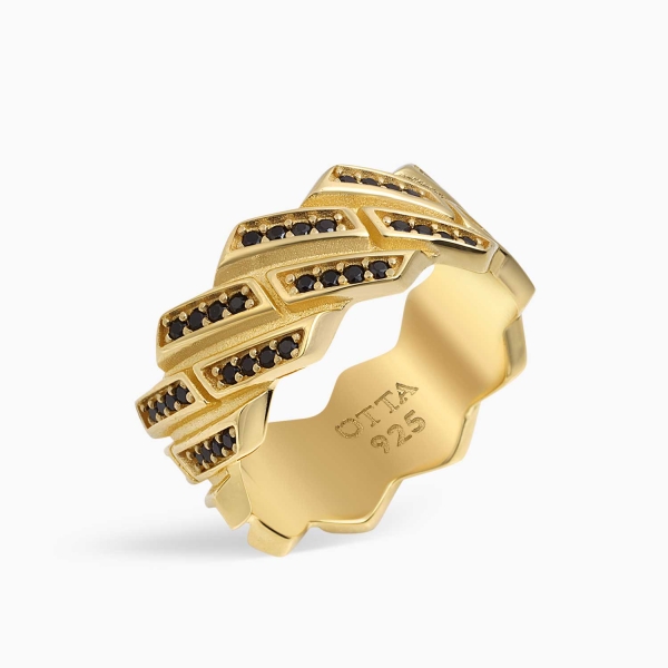 18K Gold Band Ring Black Zircon - 10 mm