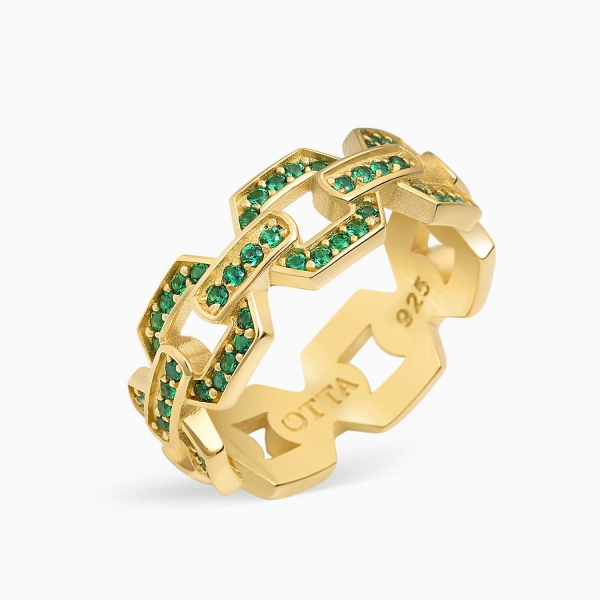 18K Gold Chain Band Ring Green Zircon - 8.5 mm