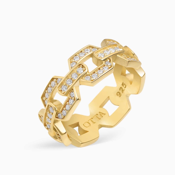 18K Gold Chain Band Ring White CZ Diamonds - 8.5 mm
