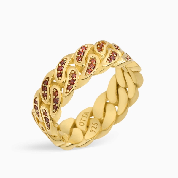 18K Gold Cuban Band Ring Red Zircon - 8 mm