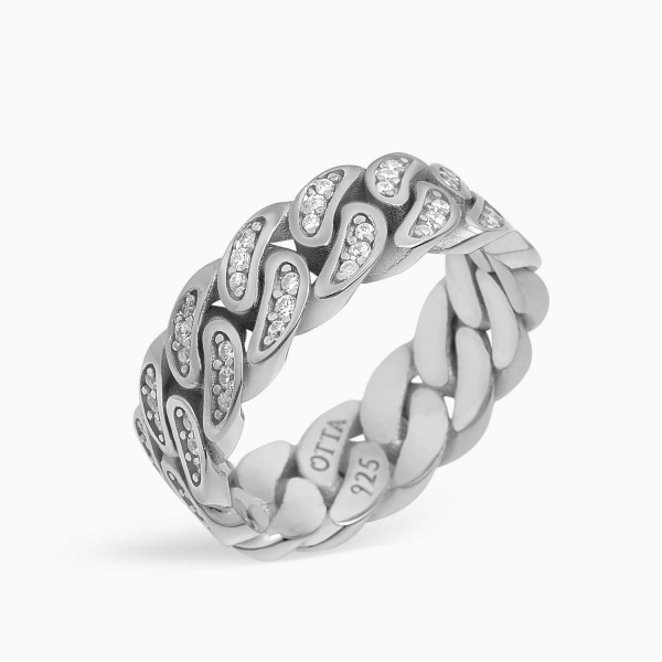 Silver Cuban Band Ring White CZ Diamonds - 8 mm